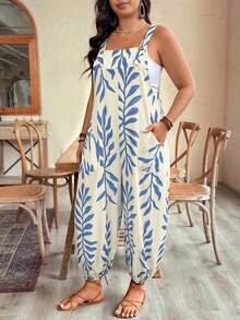 SHEIN Clasi Mono de mujer talla grande de primavera/verano con estampado de vacaciones y cordón ajustable - Azul - Ver 4