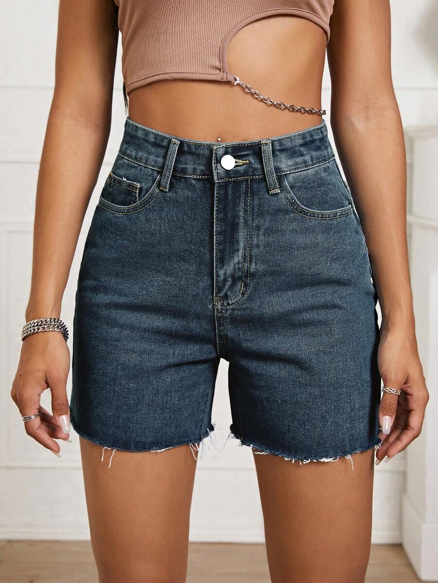 Celana Pendek Denim Kasual Serbaguna Wanita dengan Pinggang Tinggi dan Saku - Dark Wash - View 1