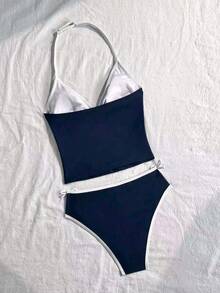 SHEIN Girlism 少女细肩带系带纯色简约海军蓝白撞色比基尼套装，休闲沙滩度假装，夏季时尚新品 - 彩色 - 查看 2