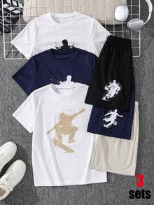 SHEIN 兒童 6 件組 青少年男孩休閒運動圖案圓領短袖 T 恤與短褲針織兩件套，3 色，每色 1 件，6 件組 - 彩色 - 查看 5
