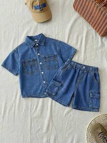 SHEIN Little Byeori 两件套男童蓝色牛仔宽松短袖衬衫和工装短裤套装 - 中等水洗藍 - 查看 7