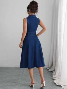 Selianne Women's Single-Breasted Waist-Knot Sleeveless Casual Denim Dress - Dark Wash - View 2