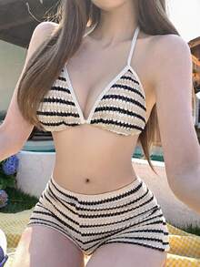 DAZY 女款條紋布料撞色織帶拼接細肩帶露背休閒背心短褲套裝 度假溫泉海灘比基尼泳衣 - 米色 - 查看 2