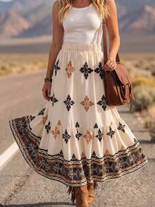 LanaWest Women's Summer Vintage Boho Floral Pattern West Casual Skirt Vacation Beige - Multicolor - View 9
