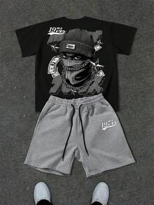Manfinity EMRG Men's Letter & Character Print Short Sleeve T-Shirt And Drawstring Waist Shorts Casual Set - Multicolor - View 1