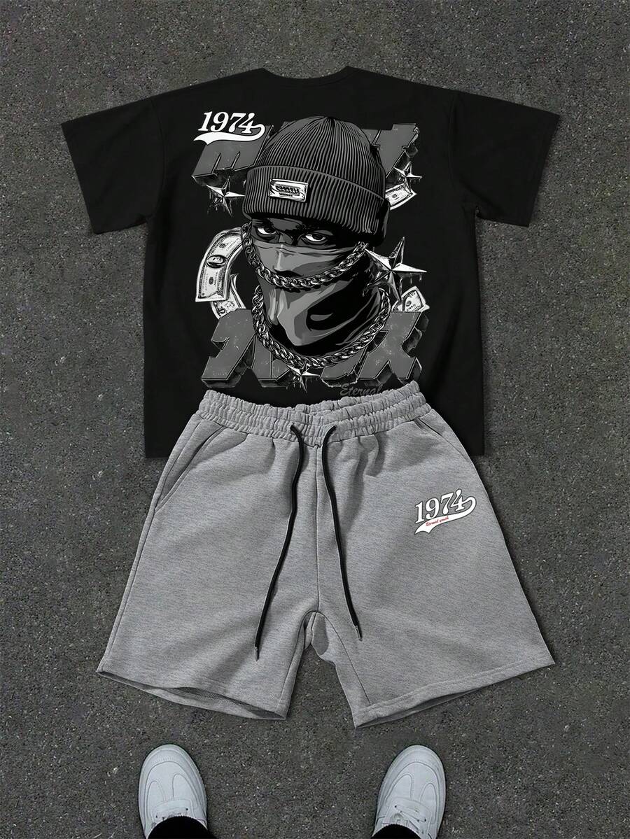 Manfinity EMRG Men's Letter & Character Print Short Sleeve T-Shirt And Drawstring Waist Shorts Casual Set - Multicolor - View 1