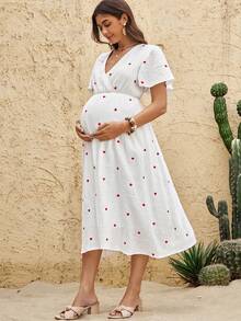 Boho Mama 夏季孕妇装，爱心图案荷叶边短袖哺乳连衣裙，孕妇及哺乳期妇女连衣裙，产后妇女连衣裙，100%纯棉连衣裙，田园风连衣裙，女士服装，纯棉连衣裙，棉质女装，女装 - 紅色 - 查看 4