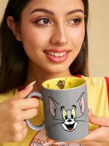 TOM & JERRY X SHEIN 卡通貓鼠陶瓷馬克杯，13.53oz/400ml 創意咖啡杯，內壁印有起司圖案，適合粉絲、居家、辦公室及送禮 - 灰色 - 查看 2