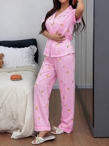 Napfluff 女款條紋檸檬印花翻領前扣短袖長褲睡衣套裝 - 粉色 - 查看 6