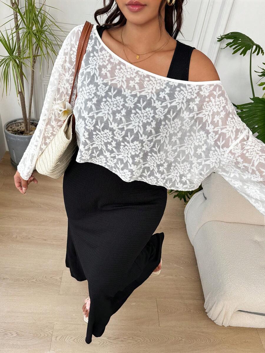 SHEIN EZwear 休閒優雅大尺碼女款蕾絲不對稱肩長袖上衣與背心洋裝兩件套 正式早午餐婚禮賓客穿搭 白色黑色 秋季 - 黑色 - 查看 1