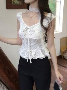 DAZY 女款韓式波點優雅青春短袖蝴蝶結T恤 夏季可愛外出上衣 - 白色 - 查看 7