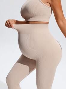 SHEIN Maternity Round Neck Textured Cropped Tank Top And Sports Long Pants Set - Khaki - View 9