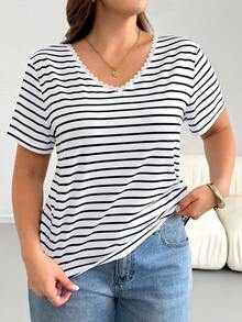 Shapeblank Plus-Size Women's Summer Elegant Smart Casual Black And White Striped Hollow-Out Embroidered Short-Sleeved T-Shirt,Everyday Loose Fit Vacation Tops - Black and White - View 3