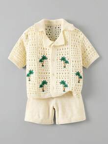 Kids 2pcs Tween Boy Casual Vacation Palm Tree Crochet Texture Polo Collar Autumn Winter Cardigan And Shorts Set, Comfortable & Versatile - Apricot - View 1