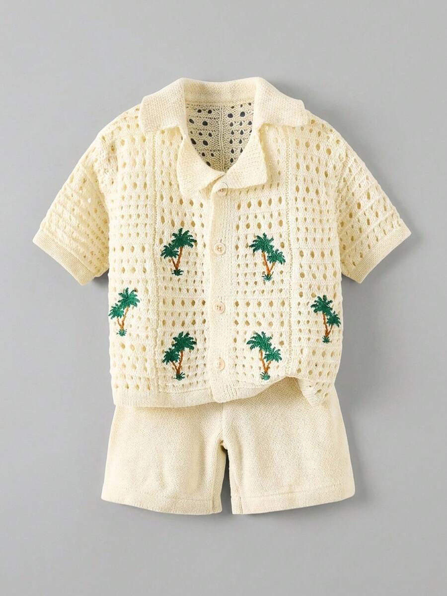 Kids 2pcs Tween Boy Casual Vacation Palm Tree Crochet Texture Polo Collar Autumn Winter Cardigan And Shorts Set, Comfortable & Versatile - Apricot - View 1