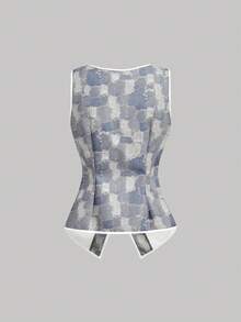 SHEIN MOD 女款格紋圓領無袖短版灰色甜美優雅 Y2K 上衣，適合外出與返校，秋季穿搭 - 霧霾藍 - 查看 5