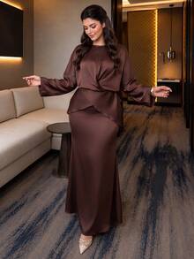 Auveirra 2026秋冬大码女装套装，优雅交叉前襟长袖上衣搭配直筒长裙两件套，适合乡村音乐会、婚礼宾客、约会之夜、正式场合、派对等，性感修身，通勤穿着也十分舒适。 - 棕色 - 查看 4