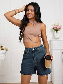 Celana Pendek Denim Kasual Serbaguna Wanita dengan Pinggang Tinggi dan Saku - Dark Wash - View 3