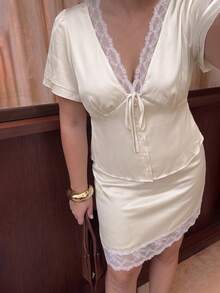 Dripcurv Plus-Size Women's White Top And Skirt Two Pieces Set.Elegant Tops,Vacation Outfits Women - Apricot - View 3