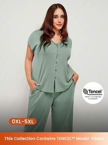 LUVLETTE 大尺碼女款夏季深綠色 TENCEL™ 莫代爾蕾絲短袖上衣與長褲睡衣家居套裝 - 綠色 - 查看 1