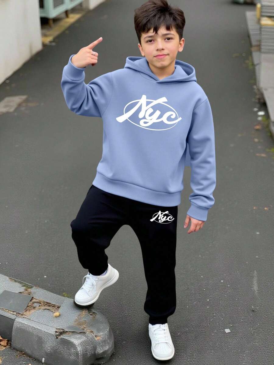舒适秋冬两件套男童休闲时尚创意个性清新高端简约圆形轨迹标语印花连帽衫和运动裤套装 - 彩色 - 查看 1