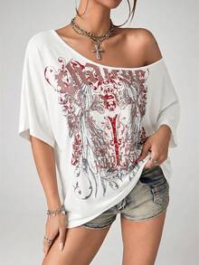 SHEIN ICON Grunge Punk 圖案印花美式街頭休閒寬鬆不對稱領口 T-shirt - 白色 - 查看 6