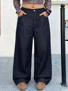 Dazy Plus Plus Size Washed Distressed Loose Wide Leg Long Denim Jeans Summer - Dark Wash - View 3