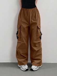 Tween Girls' Solid Color Elastic Waist Cargo Pocket Pleated Pants - Brown - View 4
