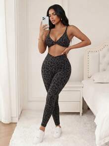 SHEIN Sports Women's Casual Sports Leopard Print Tank Top & Leggings Set - Grey - View 3