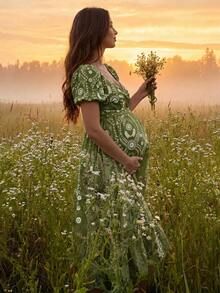 Boho Mama Maternity Floral Print Twisted Design Short Petal Sleeve Dress - Green - View 2