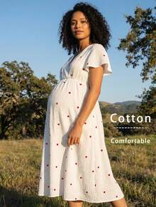 Boho Mama 夏季孕妇装，爱心图案荷叶边短袖哺乳连衣裙，孕妇及哺乳期妇女连衣裙，产后妇女连衣裙，100%纯棉连衣裙，田园风连衣裙，女士服装，纯棉连衣裙，棉质女装，女装 - 紅色 - 查看 9