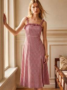 Écloséra French-Style Casual Vacation Dress: Red Plaid, Ruffled, Spaghetti-Strap Dress-Perfect For Holidays And Outings; Features A Waist-Cinching Design. - Red - View 3