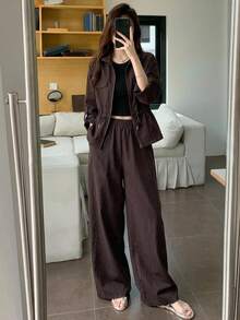 Dazy Tall Women's Open Front Jacket And Loose Pants Street Casual 2 Pieces Set Fall - Coffee Brown - View 7