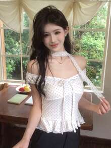 DAZY 女款韓式波點優雅青春短袖蝴蝶結T恤 夏季可愛外出上衣 - 白色 - 查看 3