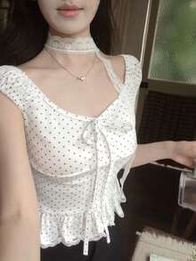 DAZY 女款韓式波點優雅青春短袖蝴蝶結T恤 夏季可愛外出上衣 - 白色 - 查看 9