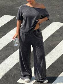 Muchica Asymmetrical Collar Top And Pants Casual 90s Gothic Modest Plus Size Women's Set Office Vacation Cruise Black Summer - Dark Grey - View 3