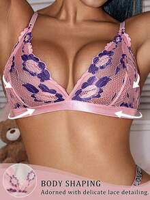 SHEIN 1 pieza Sujetador sexy de malla con copa triangular de encaje sin aros - Rosa - Ver 3
