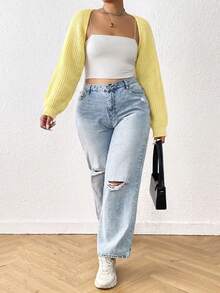 SHEIN EZwear 大尺碼女款淡黃色長袖背心薄款開襟衫 - 鵝黃色 - 查看 6