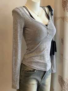 Lalippa Women's Button Design Long Sleeve 2 In 1 Top - Grey - View 3