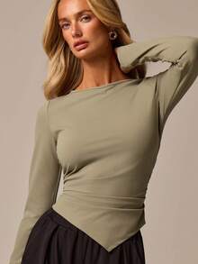 COSMINA Women's Solid Color Round Neck Long Sleeve Asymmetrical Hem Fitted Casual Elegant T-Shirt Date Office Sage Green Autumn - Army Green - View 2
