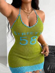 Sunnyshic Plus Size Sexy Halter Neck Contrast Color Slim Fit Bodycon Knit Dress, Spring/Summer Fall - Green - View 2