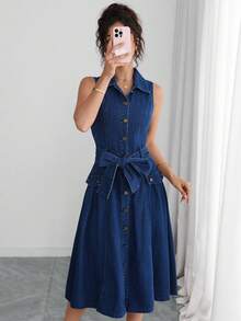 Selianne Women's Single-Breasted Waist-Knot Sleeveless Casual Denim Dress - Dark Wash - View 7