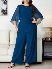 Reflora Conjunto de top y pantalones de unicolor elegante para ir al trabajo en talla grande - Azul - Ver 5