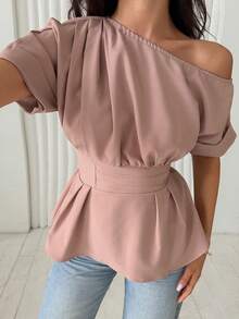 DAZY Spring Summer Casual Romantic Elegant Asymmetric Shoulder Waist-Cinching Women's Blouse School Dinner Office Date Night Dusty Pink - Pink - View 1