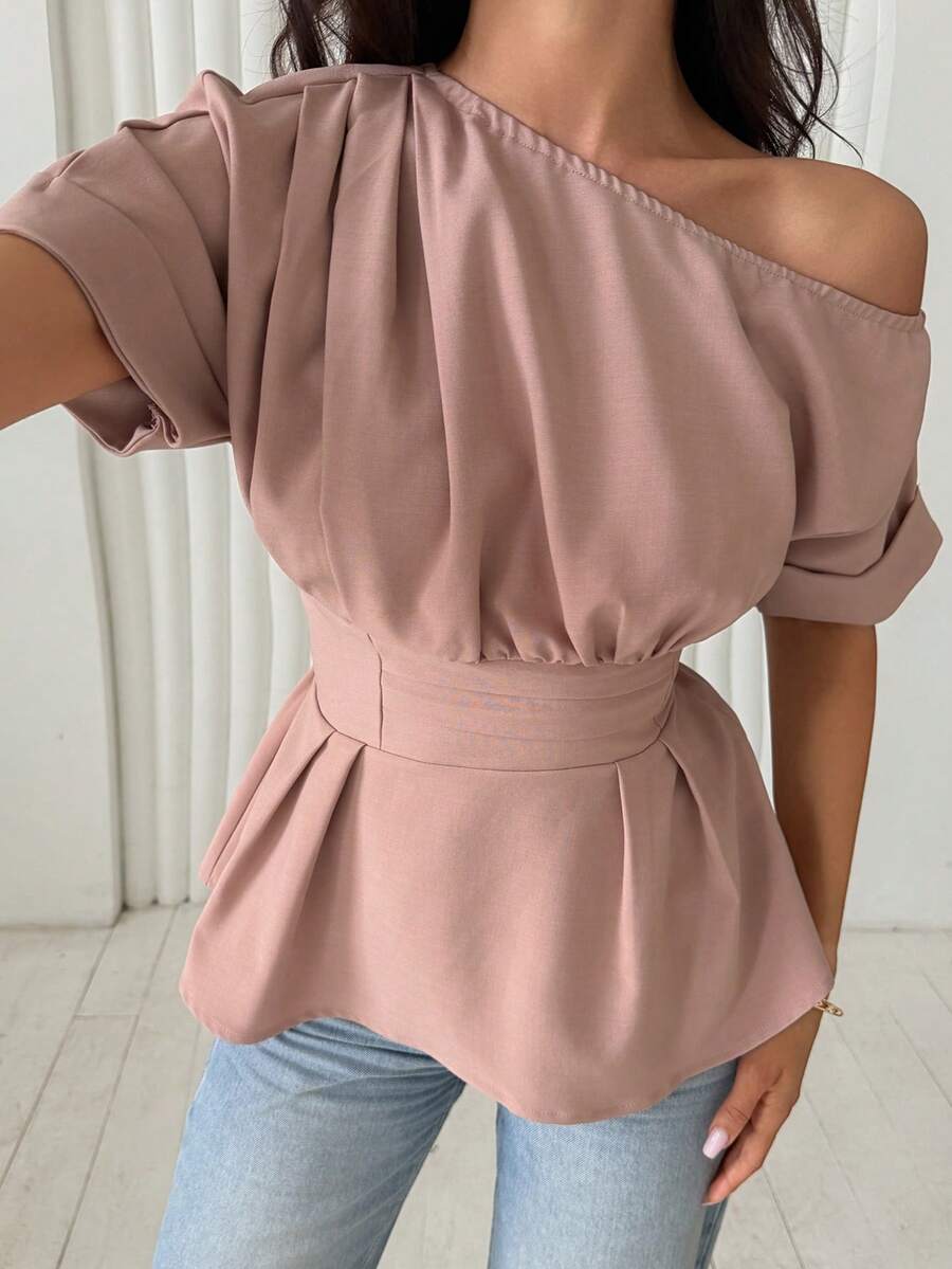 DAZY Spring Summer Casual Romantic Elegant Asymmetric Shoulder Waist-Cinching Women's Blouse School Dinner Office Date Night Dusty Pink - Pink - View 1