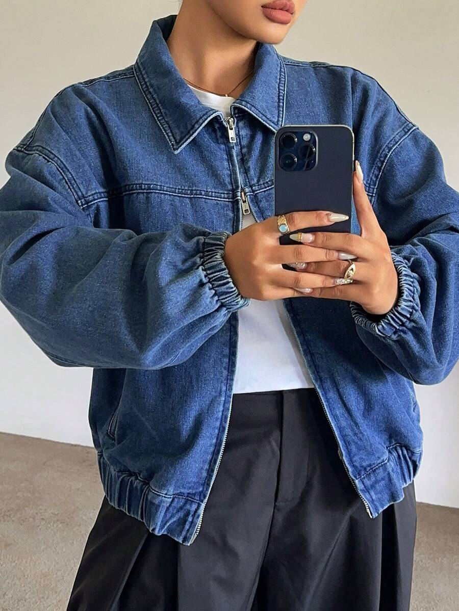 Dazy Plus Light Wash Blue Hooded Zip-Up Loose Lantern Sleeve Cuffed Hem Denim Jacket Plus Size Women Summer - Medium Wash - View 1