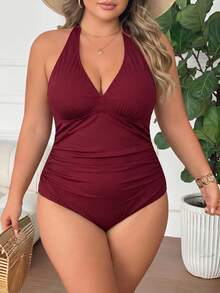 SHEIN CURVE+ 2026夏季大尺碼女款V領酒紅色螺紋抓皺收腹提臀連身泳衣 - 酒紅色 - 查看 5