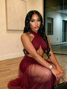 BamGleam Women's Ultra Long Floor-Length Halter Neck Mesh Ruched Backless Dress - Burgundy - View 5