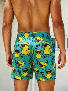 Surfspeed Pantalones cortos de playa con cordón en la cintura y estampado de pato de dibujos animados para hombre de talla grande - Verde - Ver 3