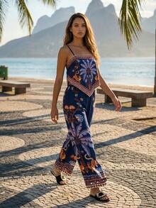 CAJUNI Women's Vacation Floral Print Asymmetrical Hem Camisole Top And Loose Casual Tropical Long Pants Set Beach Navy Blue Summer - Navy Blue - View 6
